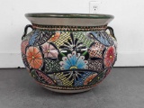 LARGE CERAMIC DECORATED FLOWER OR TREE POT GREEN