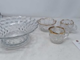 GLASS FRUIT BOWL, CANDY DISH, AND 2 CUPS