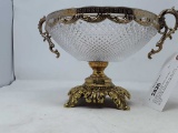 VINTAGE CUT GLASS BOWL ON GOLD COLORED PEDISTAL