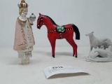 3 FIGURINES, WOOD HORSE, CERAMIC DOG & BOTTLE TOP