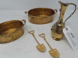 MISC GOLD COLORED ITEMS, PITCHER, SMALL SHOVELS