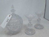 3 CUT GLASS PIECES. 2 CANDLE STANDS & CANDY DISH