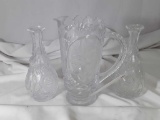 2 FLOWER VASES AND A WATER PITCHER, ALL CUT GLASS