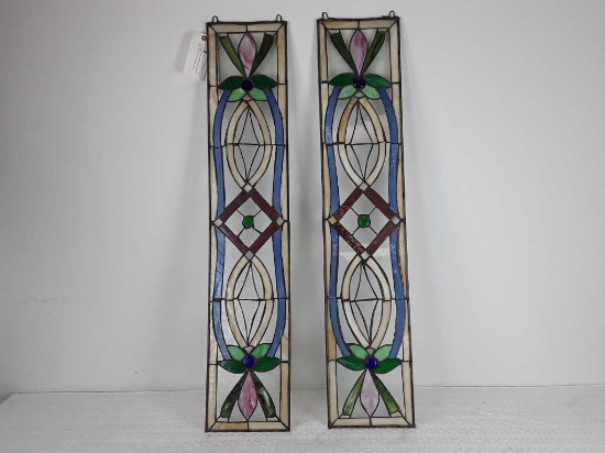 2 LONG AND THIN STAINED GLASS PIECES OF FLOWERS