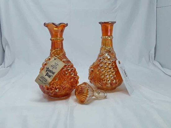 2 CARNIVAL GLASS DECANTERS - ONLY 1 STOPPER
