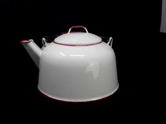 VINTAGE WHITE W/RED ENAMEL TEA POT