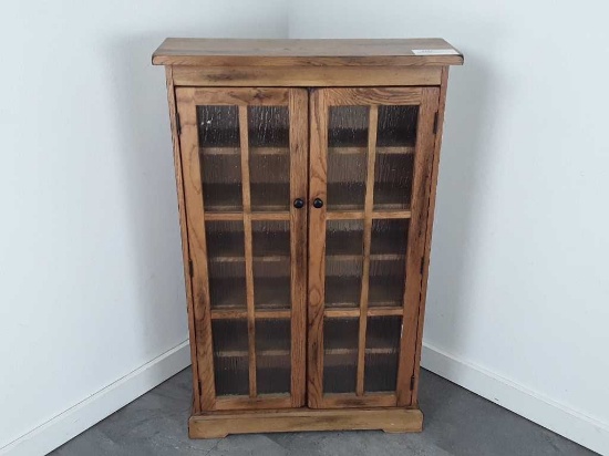 Mission style oak shelf with glass doors