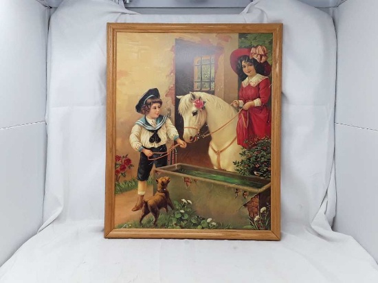 FRAMED PRINT FROM GERMANY - 2 GIRLS TENDING HORSE