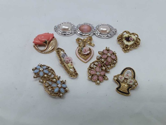 Collection of Pink & Golden Floral Pins (QTY 8)