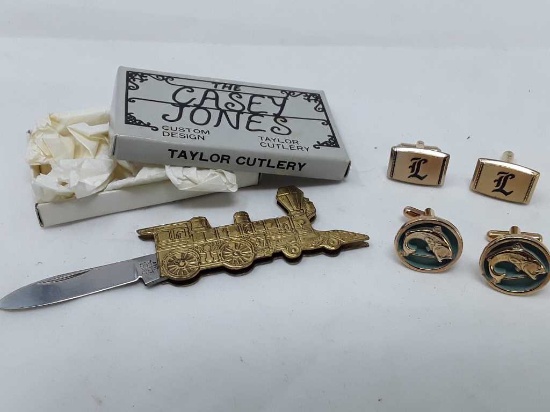 Casey Jones Train Engine Pocket Knife & Cuff Links