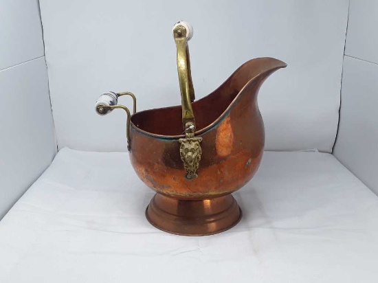 Antique Copper Coal Scuttle w/Delft Handles