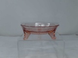 Vtg 3 footed Pink Depression Glass Bowl w/etching
