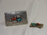 Turquoise/Red Coral Metal Belt Buckle & Money Clip