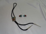 Sterling Red Coral -Turquoise Bolo & Cufflink Set