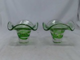 2 GREEN SWIRLED FLUTED EDGE ART GLASS