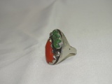 Red Coral & Jade Stone Ring-Stainless