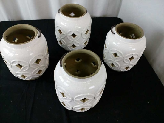 4 WHITE CERAMIC LANTERNS FOR CANDLES - 7" X 8.5"