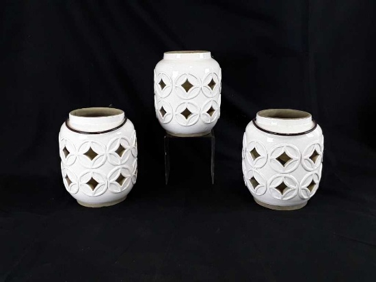 3 WHITE CERAMIC LANTERS FOR CANDLES - 7" X 8.5"