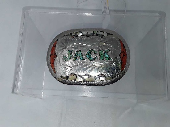 Turq, Red Coral, Mother of Pearl Metal Belt Buckle