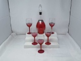SET OF 5 RED GOBLETS & MATCHING DECANTER