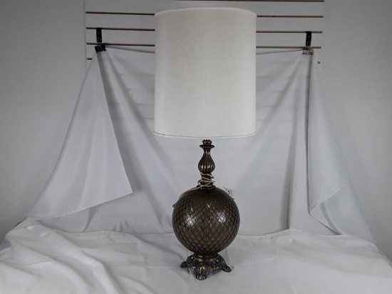 VINTAGE SMOKED GLASS AND BRASS LAMP