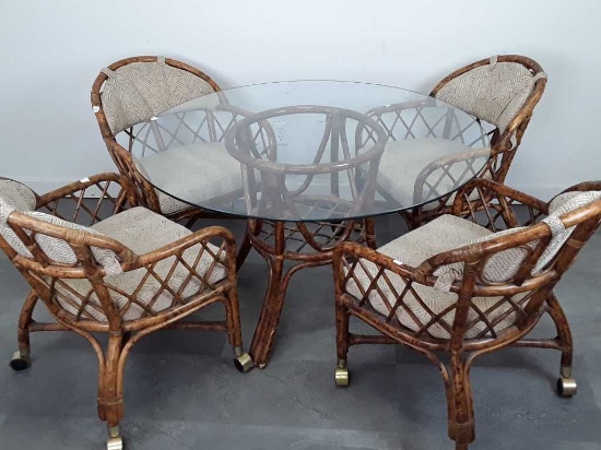 GLASS RATTAN TABLE WITH 4 MATCHING CHAIRS