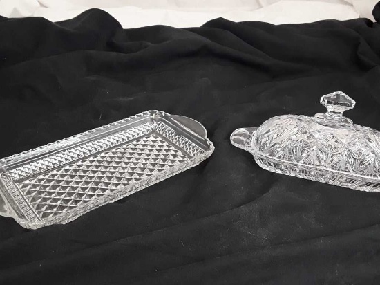 2 CLEAR CUT GLASS BUTTER TRAYS