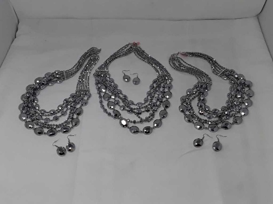 Crystal Earr & Multi Strand Necklace Sets-Chrome