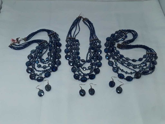 Crystal Earr & Multi Strand Necklace Sets-Navy