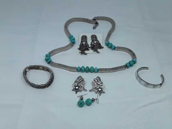 Silver/Turq Necklace, Boot Earr, Bracelets 6PC lot