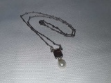 Silvertone Fashion Necklace w/Orange & Pearl Gems