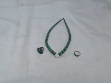 Turquoise Necklace & 2 Unmkd Silvertone Rings Sz8