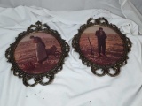 BRASS COLORED OVAL FRAMES WITH PRINTS