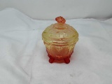 AMBERINA CARNIVAL GLASS FOOTED CANDY DISH