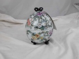 HAND PAINTED, FOOTED, EGG SHAPED TRINKET BOX
