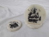 2 SMALL ENGRAVED ON MARBLE PC, QUAIL, CABIN