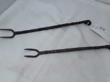 2 ANTIQUE HAND FORGED METAL 2 PRONG FORKS