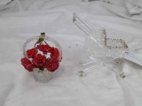 2  BLOWN GLASS PC BABY BUGGY & BASKET OF FLOWERS