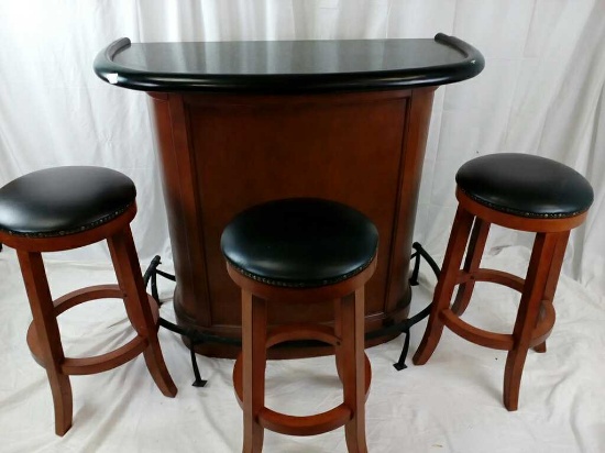 Wood & Black Accent Bar w/ 3 Round Top Stools