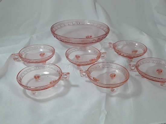 VINTAGE PINK FOOTED BOWL W/6 MATCHING CUP/BOWLS