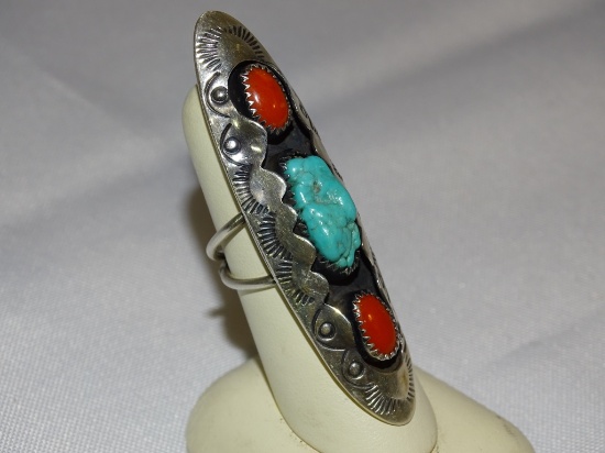 Sterling 3-Stone Turq & Coral Ring  12g (0.4oz)