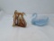 2 ARTGLASS SWANS SERVING DISH, NAPKIN HOLDER