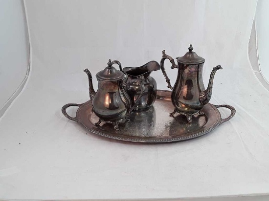 SILVER PLATE TEA POT, COFFEE POT, PITCHER & TRAY