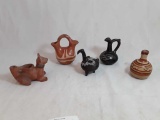 5 SMALL PC OF POTTERY, WEDDING VESSEL, PITCHER,