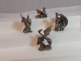 3 SMALL PEWTER DRAGONS & A WIZARD