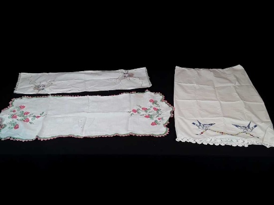 3 PC OF EMBROIDERY 1 PILLOWCASE & DRESSER SCARVES