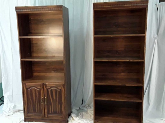 2 MATCHING LIGHTED BOOKCASES  DARK COLORED WOOD