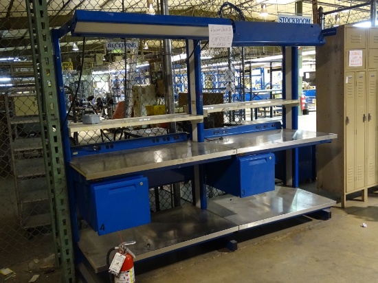 SET OF 2 BLUE AND WHITE WORK BENCHES.