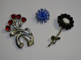 Vintage Pins: Red Flowers, Black Flower, Starburst