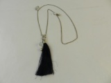 SILVERTONE OPERA LENGTH NECKLACE W/NAVY TASSEL